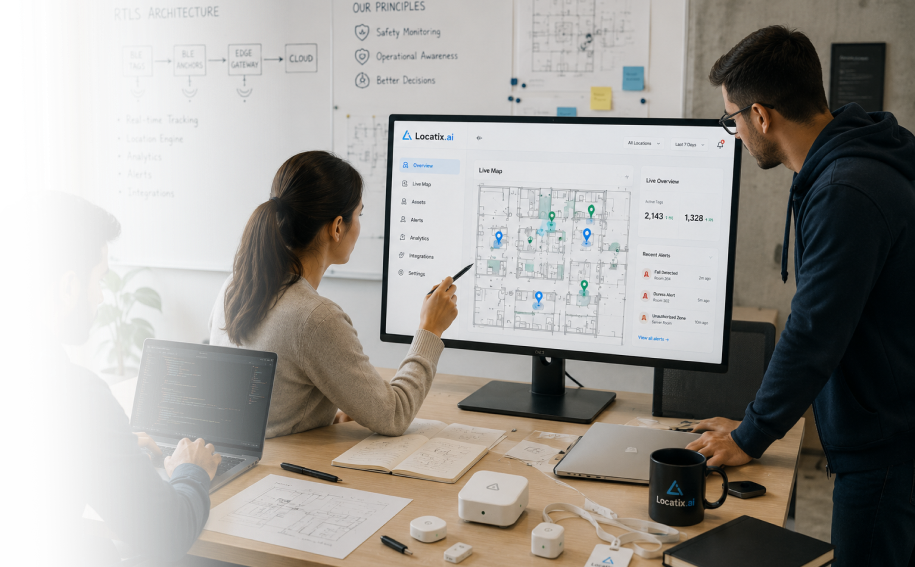 A team reviewing a live indoor location map on the Locatix dashboard, with BLE tags and anchors on the desk