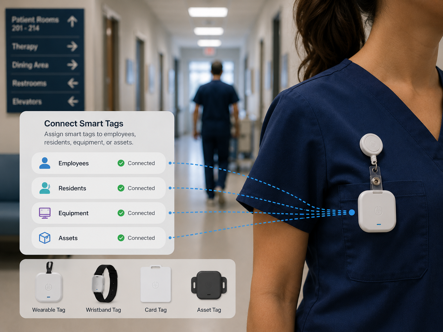 Staff member wearing a smart tracking tag