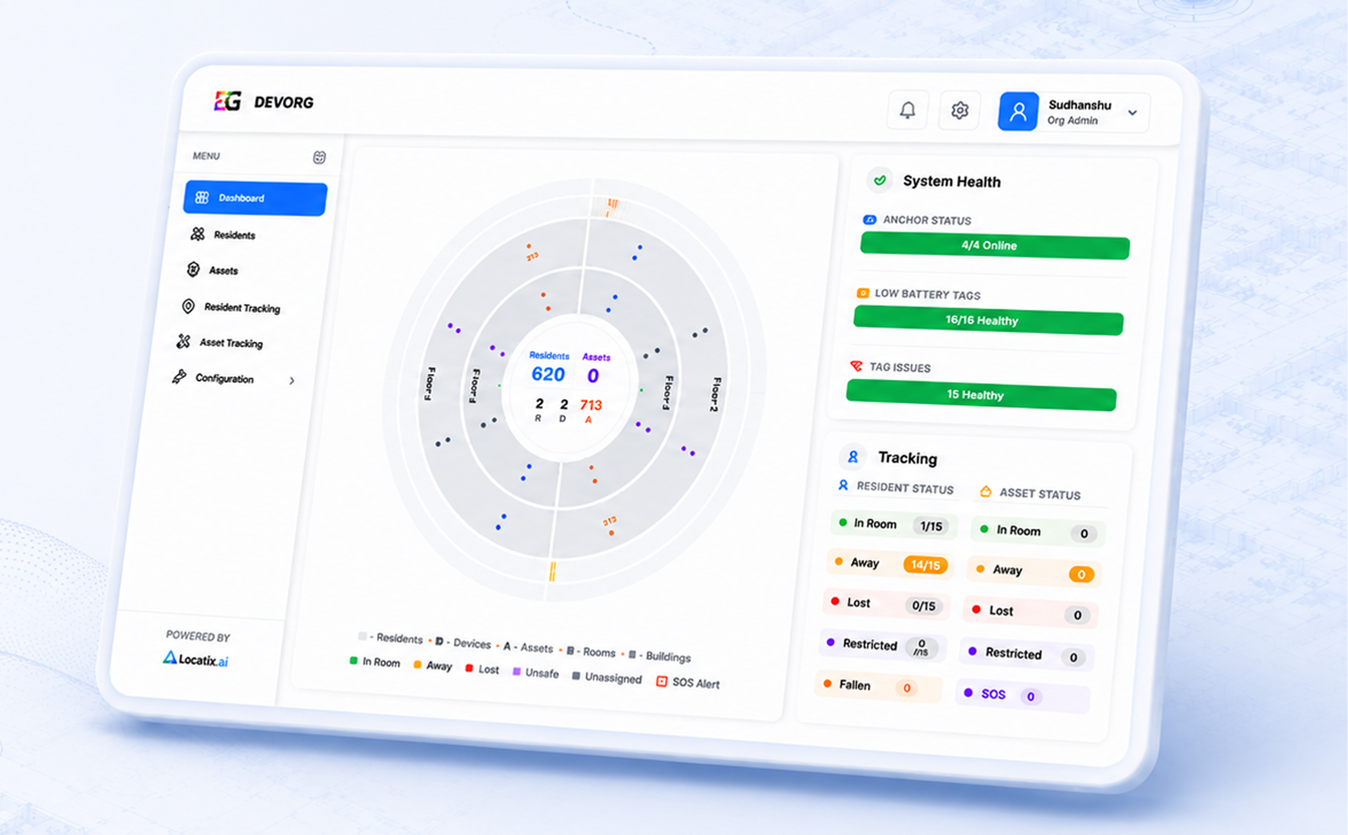 Locatix dashboard showing live floor-by-floor tracking of residents and assets