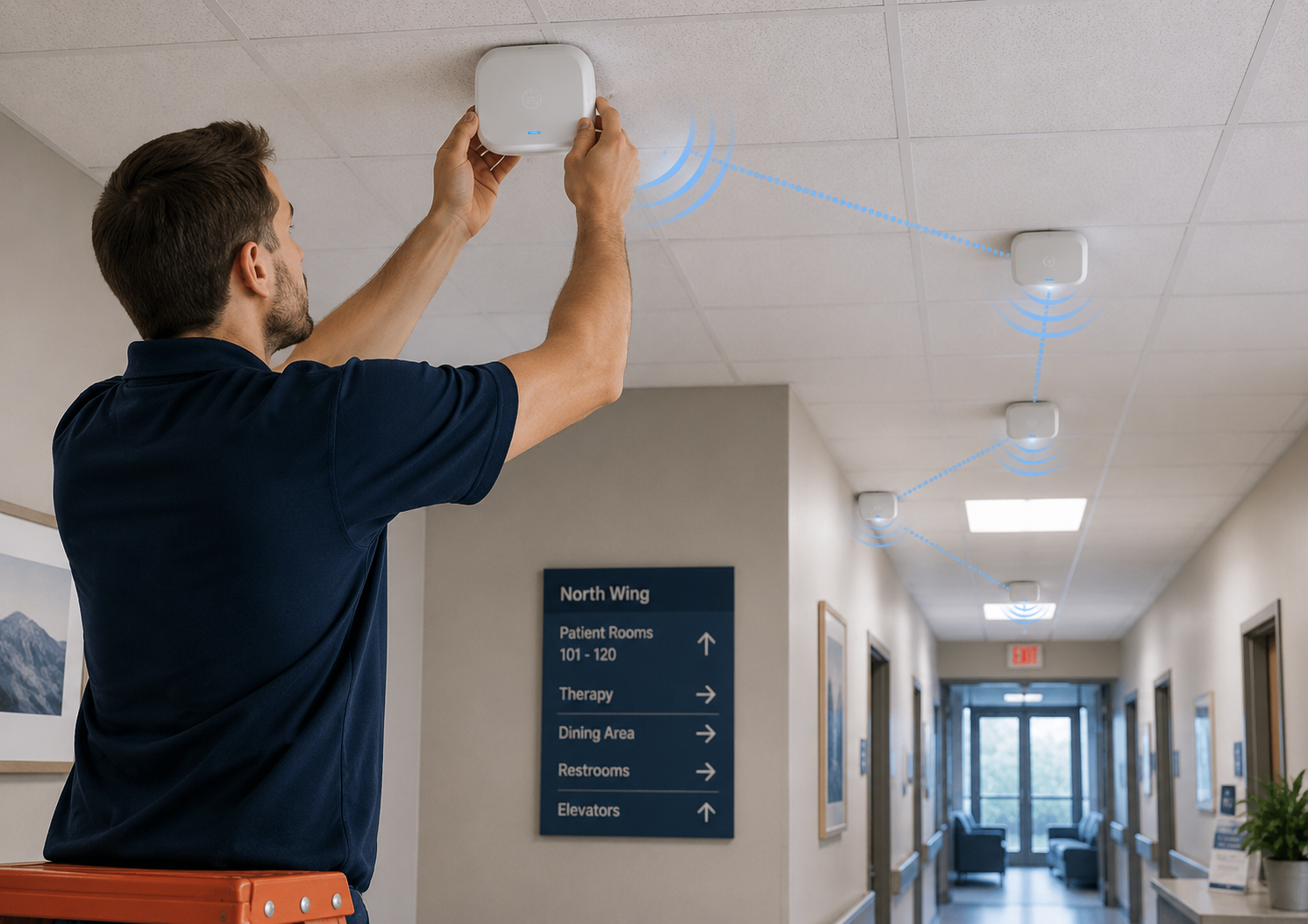 Technician installing a location anchor on a ceiling