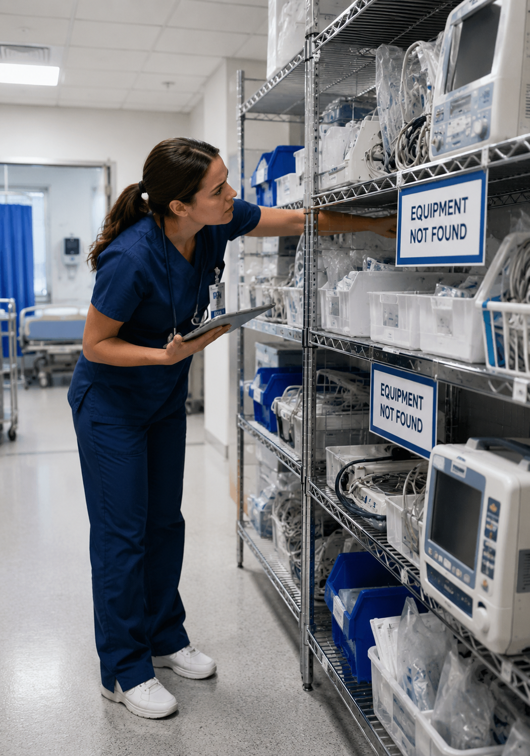 Nurse searching shelves for missing medical equipment