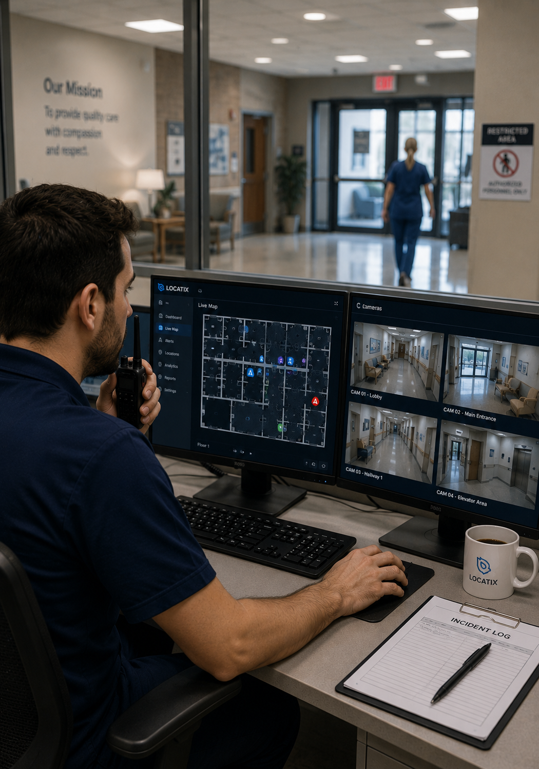 Security operator monitoring facility camera feeds