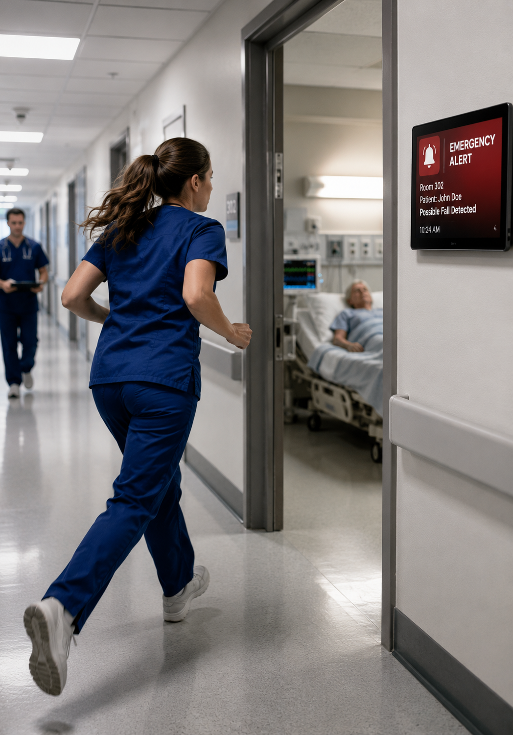 Medical staff responding to an emergency in a hospital corridor
